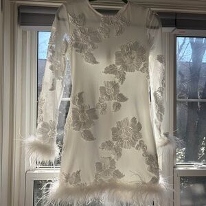 Ivory Floral Lace Long-Sleeve Mini Dress with Feather Trim